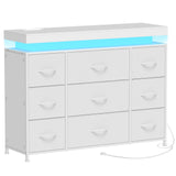 Tohomeor TV Stand 9 Drawer Dresser with Power Outlet LED Lights, Modern Chest of Drawers Fabric Drawers with PU Finish Small TV Console Table Dresser for Living Room (White, 9 Drawers) Tohomeor