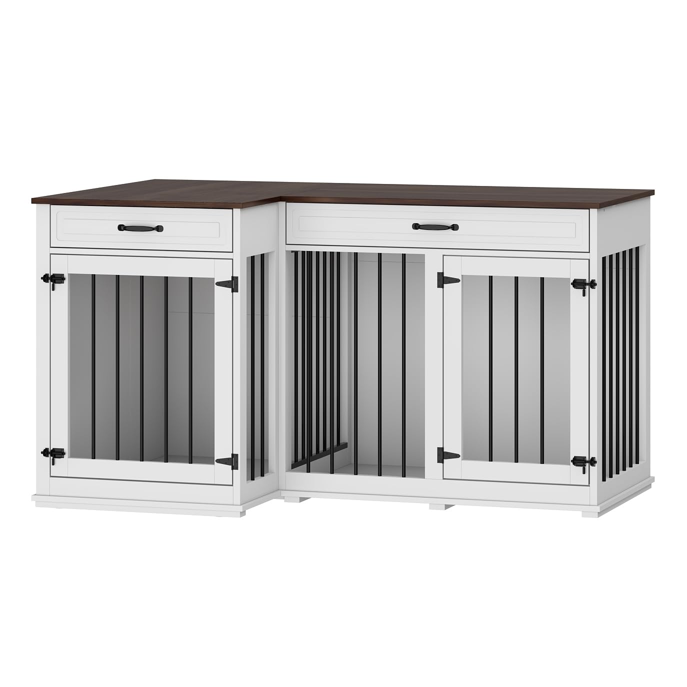 DAWNSPACES Large Corner Dog Crate Furniture for 2 Dogs, 59" Indoor Wooden Furniture Style Dog Kennel House with Double Rooms, Drawers & Removable Divider for Large & Medium Dogs, White