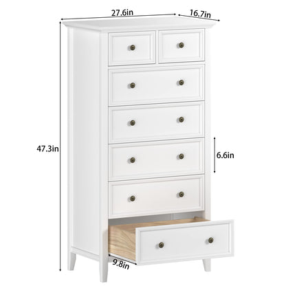 IKENO White 7 Drawer Tall Dresser, Tall Solid Wood Large Storage Cabinet, Modern Simple White Tall Chest of Drawer for Bedroom Living Room Hallway Entryway (White) - WoodArtSupply