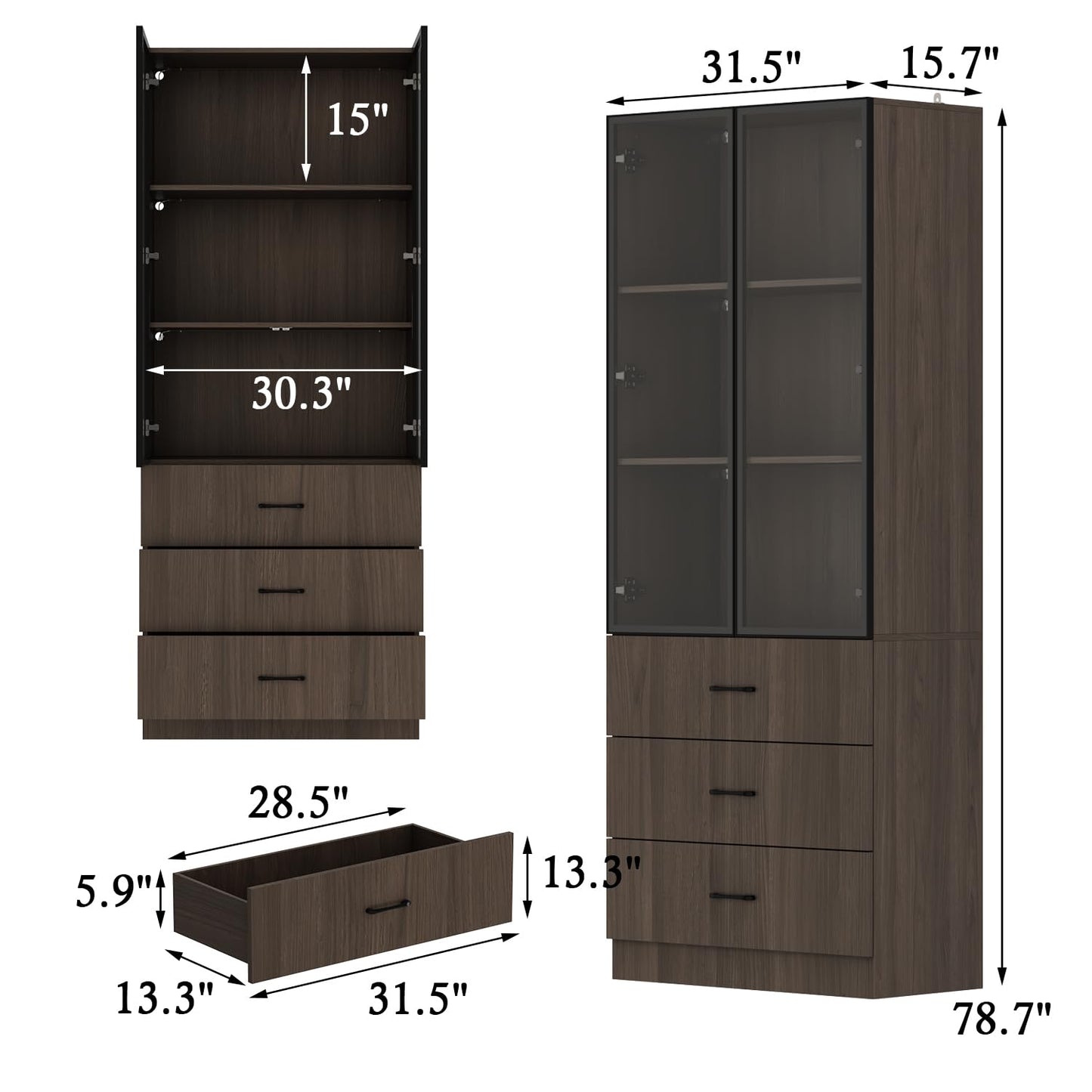 TAMUNE Display Cabinet with Glass Doors & Lights, Display Case with 3-Tier Shelves & 3 Drawers, Glass Storage Cabinet for Curio Trophy Living Room Office, Brown, 15.7”D x 31.5”W x 78.7”H