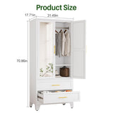 winiowa Metal Armoire Wardrobe Closet with 2 Drawers, 71" Wardrobe Cabinet with Adjustable Shelves and Hanging Rod, Clothing Storage Cabinet Closet with Mirror for Bedroom-White winiowa