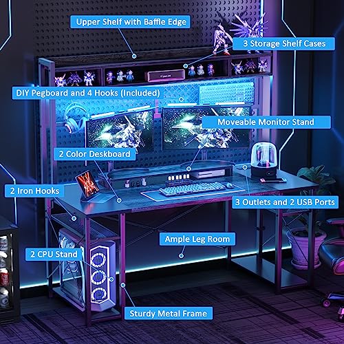 Armocity 2024 Premium Gaming Desk with Hutch and LED - 55.2'' Grey/Black Workstation with Charging Station and Pegboard - WoodArtSupply