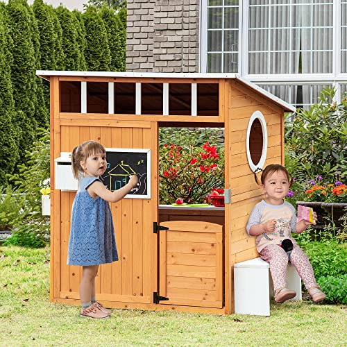 Outsunny Wooden Playhouse for Kids Outdoor with Working Door, Windows, Mailbox, Bench, Flowers Pot Holder, 48" x 42.5" x 53" - WoodArtSupply