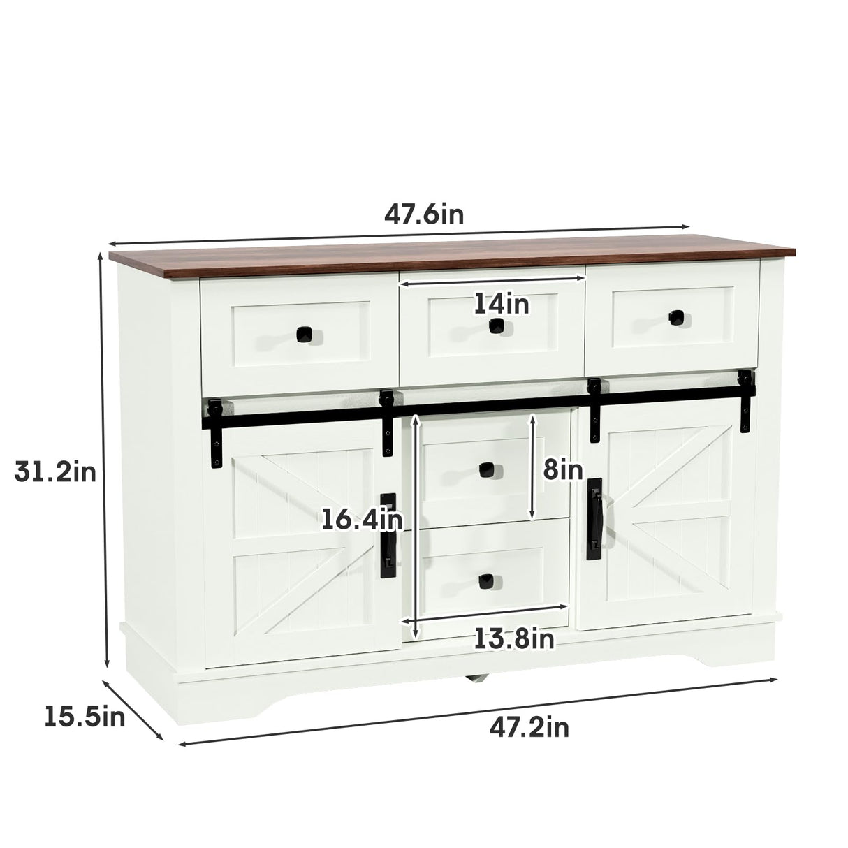 Vabches White Farmhouse Buffet Cabinet with Sliding Barn Doors and 5 Drawers Vabches