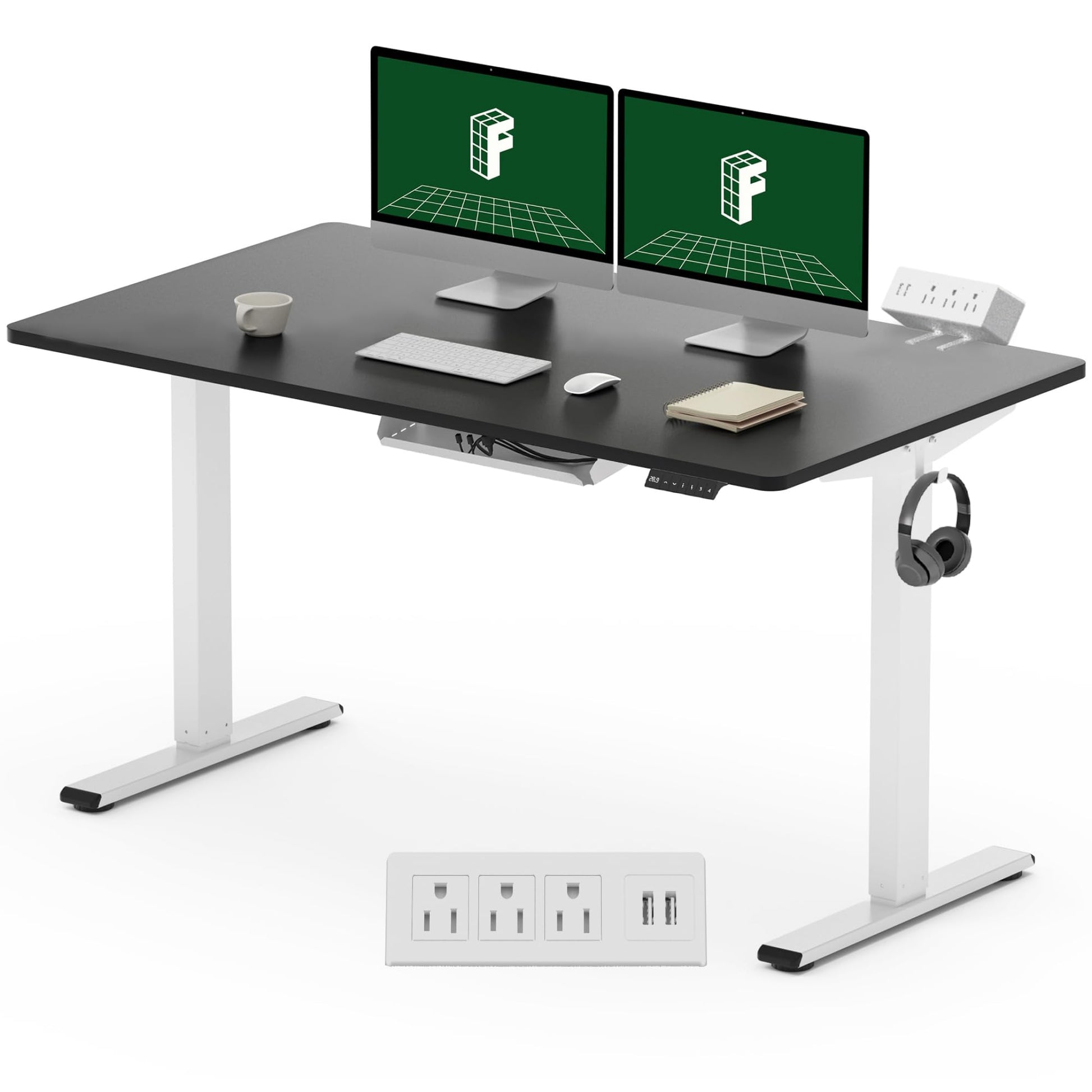 FLEXISPOT EN2 Electric Stand Up Desk 55 x 28 Inches Whole-Piece Desktop Height Adjustable Standing Desk with Desk Clamp Power Strip, Cable Management (White Frame + 55" Black Desktop, 2 Packa - WoodArtSupply