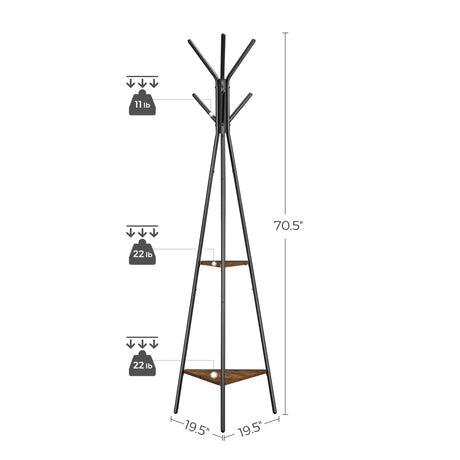 VASAGLE Coat Rack Freestanding, Coat Hanger Stand, Hall Tree with 2 Shelves, for Clothes, Hat, Bag, Industrial Style, Rustic Brown and Black URCR16BX VASAGLE