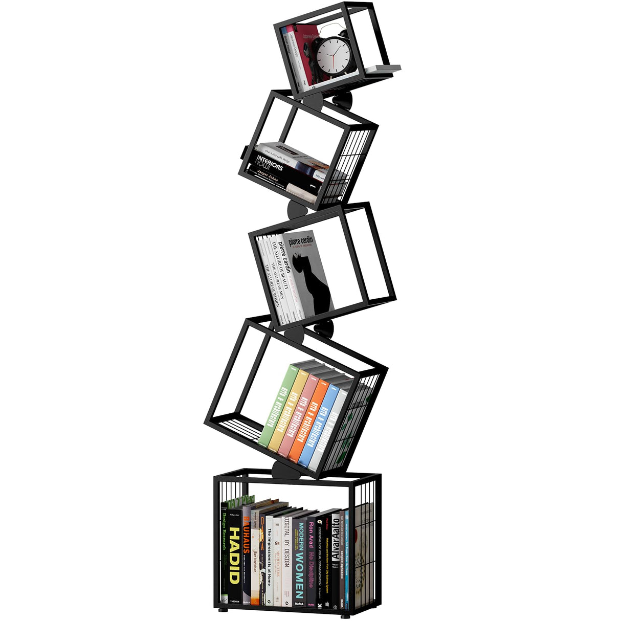 sugitek 5-Tier Skinny Bookshelf with Unique Geometric Design - Modern Metal Bookcase, Space-Saving Narrow Organizer for Living Room, Bedroom, Office, Corner - Black sugitek