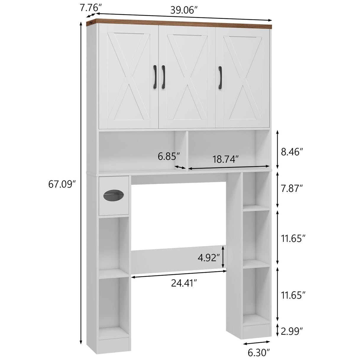 Over The Toilet Storage Cabinet, Farmhouse Toilet Cabinet Rack with 3 Barn Doors, Space Saving Bathroom Organizer with Shelves, Toilet Paper Holder and Towel Rack for Bathroom,Restroom,Laundry, White Vabches