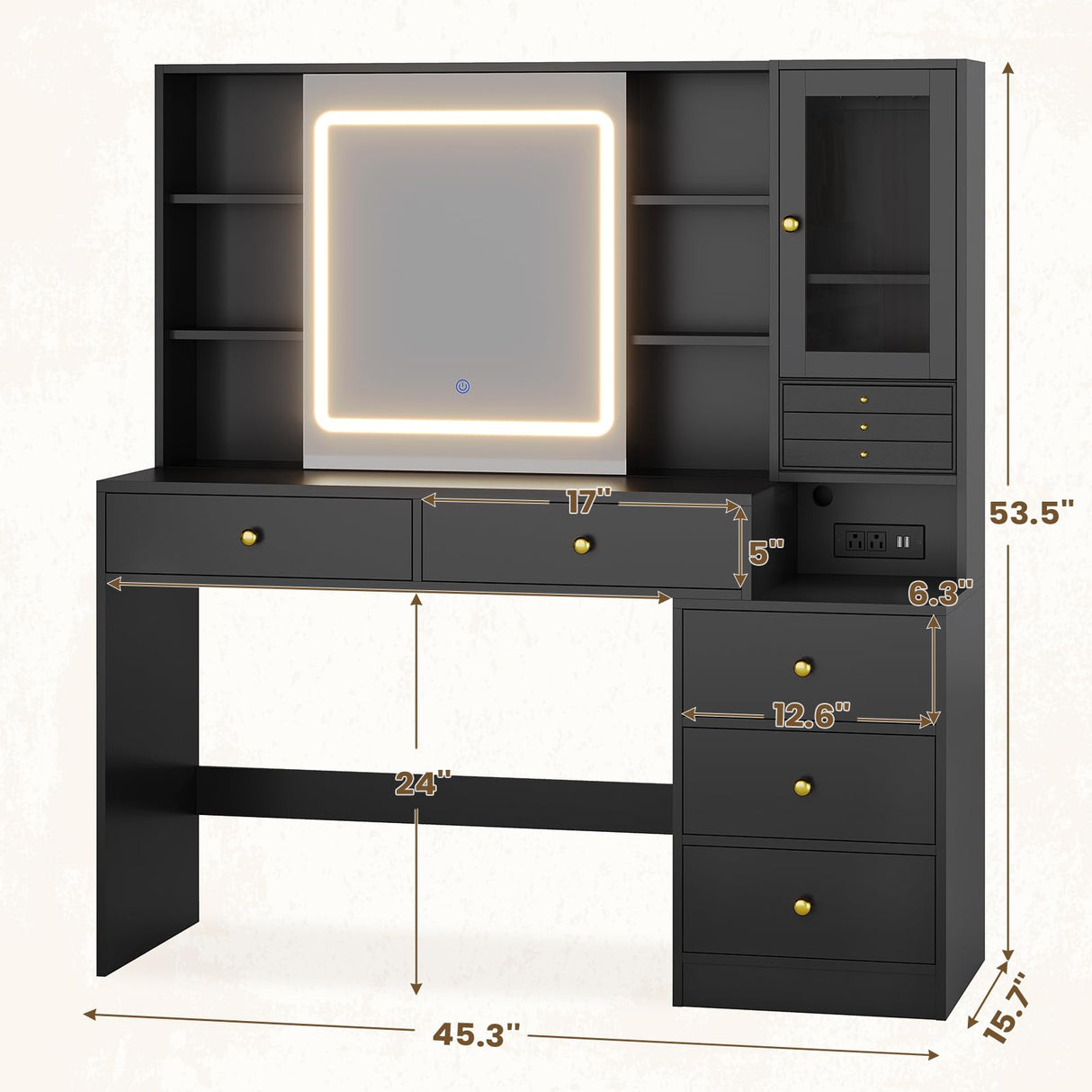 HAUOMS Makeup Vanity Desk with Lighted Sliding Mirror & Jewelry Organizer, Makeup Dressing Table with 5 Drawers, Modern Black HAUOMS