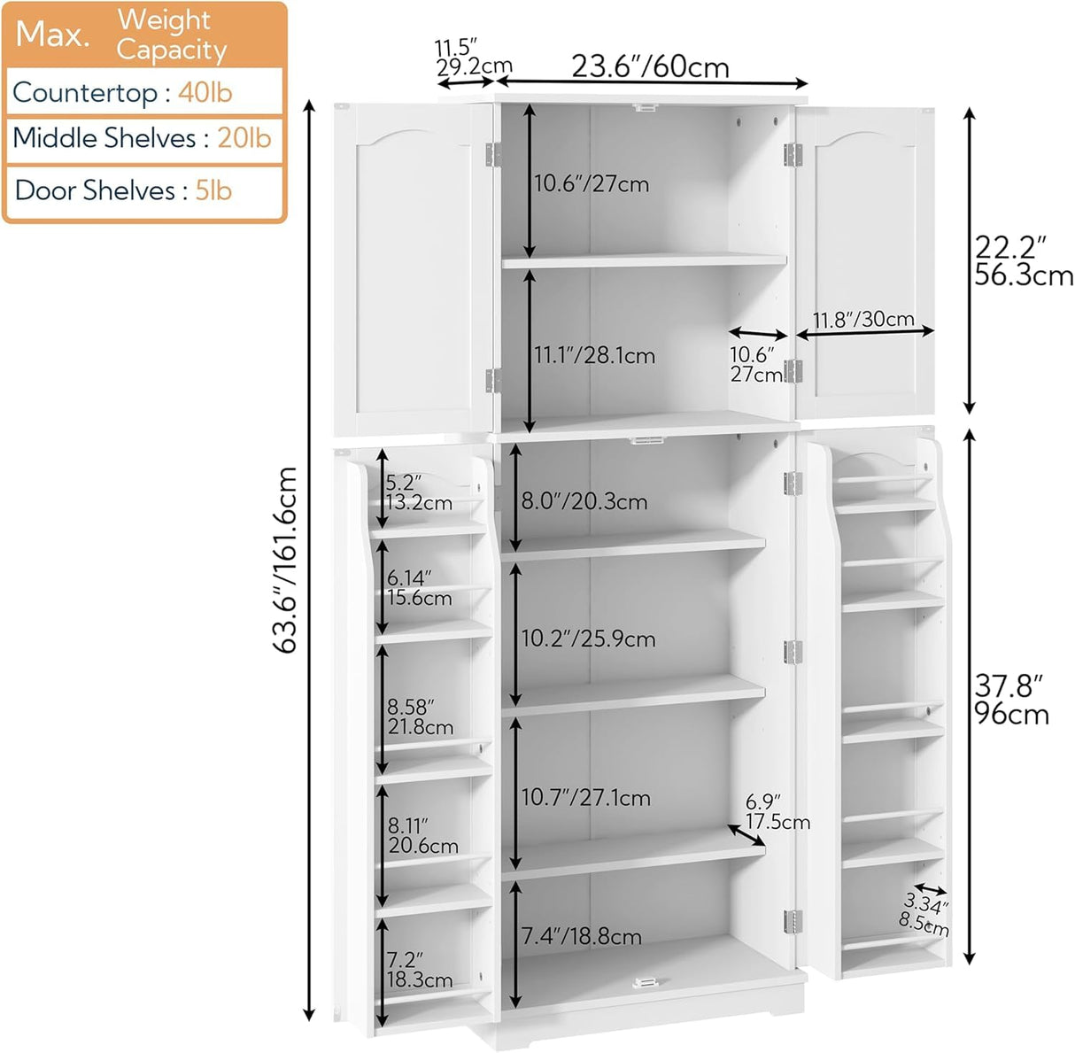Yusong 64'' Kitchen Storage Cabinet, Tall Pantry Storage Cabinet with Doors and Shelves, Food Free Standing Pantry for Kitchen Dining Living Room, White Yusong