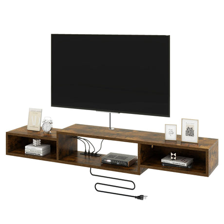 IBUYKE 71" Floating TV Stand Wall Mounted with Power Outlet,Wood Wall Mounted Media Console Shelf,Floating Entertainment Center for Under TV Storage for Living Room Bedroom Office,Rustic Brown WST008H IBUYKE