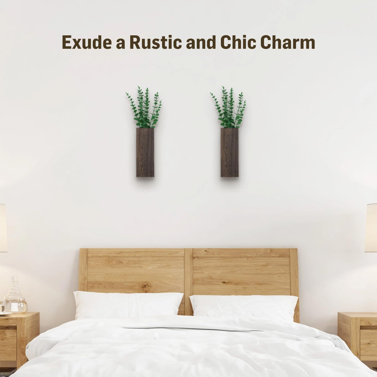 2 Pcs Wood Wall Planters,1.4''x3.3''x9.3''Farmhouse Wall Plant Pocket Vases with Artificial Eucalyptus, Fake Plants Greenery Wall Hanging Decors for Living Room, Bathroom,Bedroom,Office Decoration Lnrueg