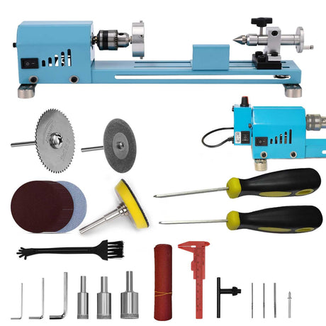 Mini Wood Lathe Machine Infinite Speed Control Multi-Purpose Type For Desktop Supports Wood Sawing, Polishing, Grinding The Professional Set Of Accessories Comes With Instructions For Easy Use FesmTek