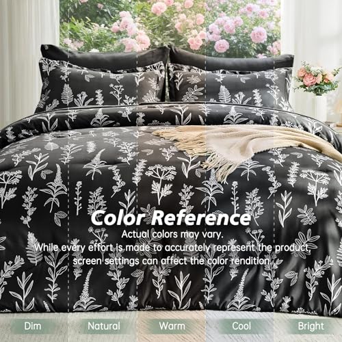 MUXHOMO Black Bed in a Bag Queen 7 Pieces, Queen Comforter Set Reversible Botanical Flowers Design, Ultra Soft & Breathable Bedding Sets with Comforter, Sheets, Pillowcases & Shams MUXHOMO