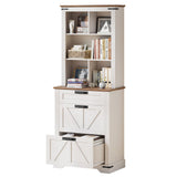 Halitaa 70" Tall Bookshelf, 3-Tier Floor Standing Bookcase with Drawers, Rustic White Farmhouse Book Shelf Wooden Display Organizer for Home Office, Living Room, Bedroom Halitaa