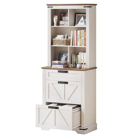 Halitaa 70" Tall Bookshelf, 3-Tier Floor Standing Bookcase with Drawers, Rustic White Farmhouse Book Shelf Wooden Display Organizer for Home Office, Living Room, Bedroom Halitaa
