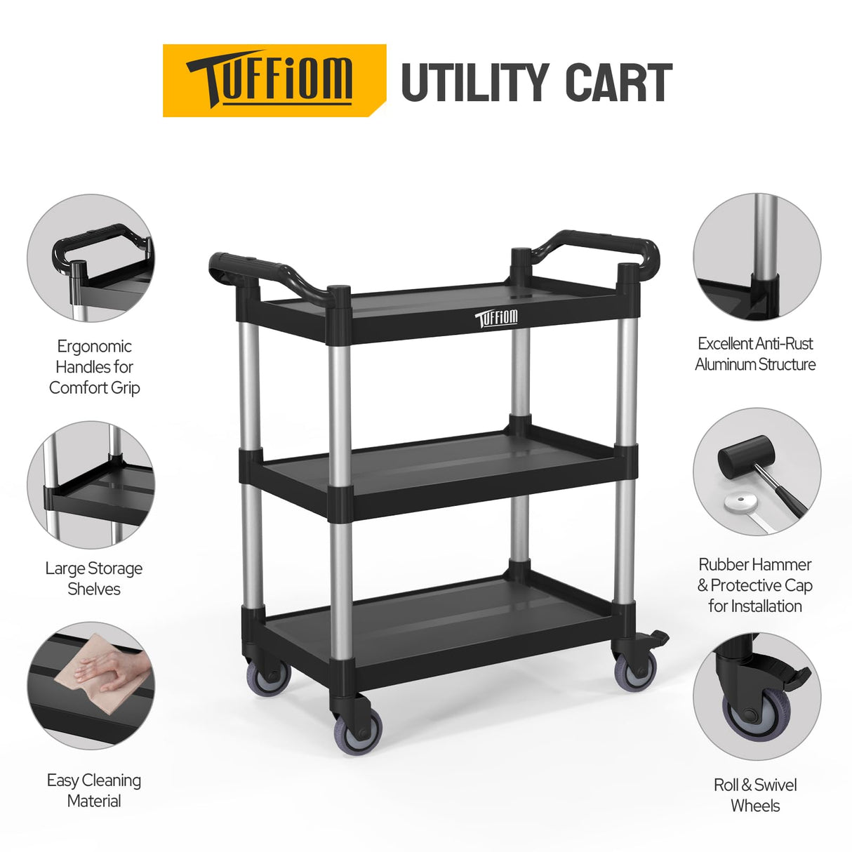 TUFFIOM 3-Tier Plastic Service Utility Cart with Wheels, Heavy Duty 390lbs Capacity, Commercial Rolling Ideal for Restaurant, Foodservice, Office, Warehouse, Black 34.8''L x 17.4''W x 38.6''H TUFFIOM