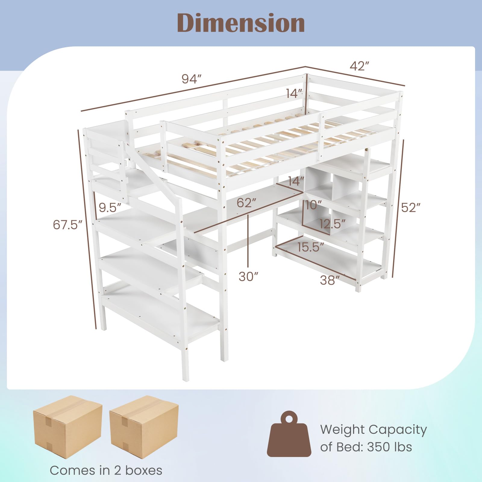 Giantex Twin Loft Bed with Desk & Storage Stairs - Solid Wood High Bed for Kids & Teens - White - WoodArtSupply