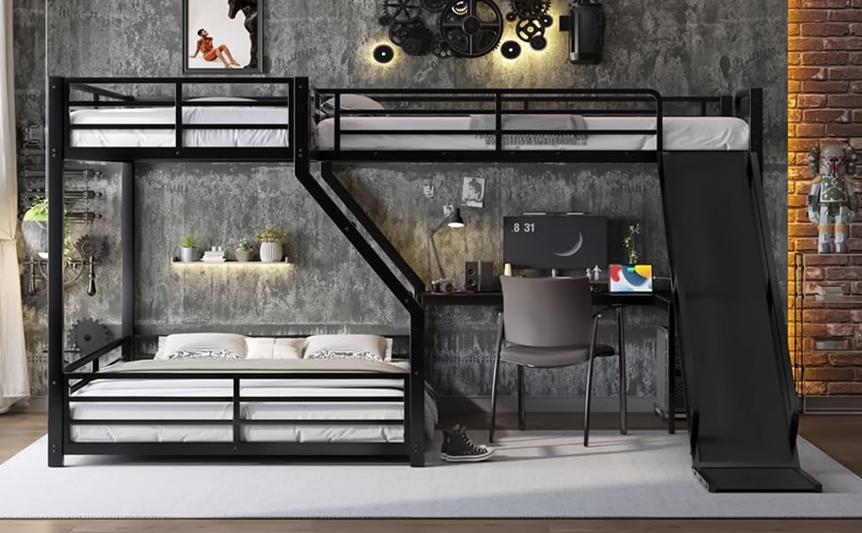 Twin XL Over Queen Bunk Bed Frame with Twin Size Loft Beds, Heavy Duty Triple Bunk Bed with Slide, Charging Station(USB Ports & Outlets), Metal Triple Bunk Beds with L-Shaped Desk Bellemave