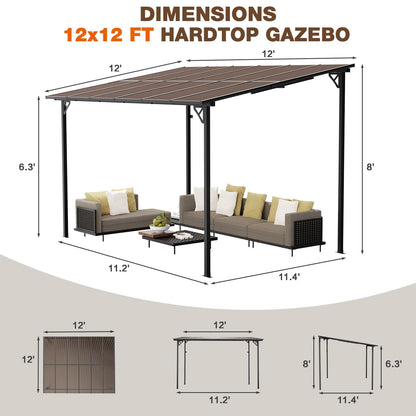 EBE 12' x 12' Wall Mounted Gazebo, Hardtop Lean to Gazebo Pergola with Sloped Roof, Gazebo Awning for Patio, Deck, Backyard