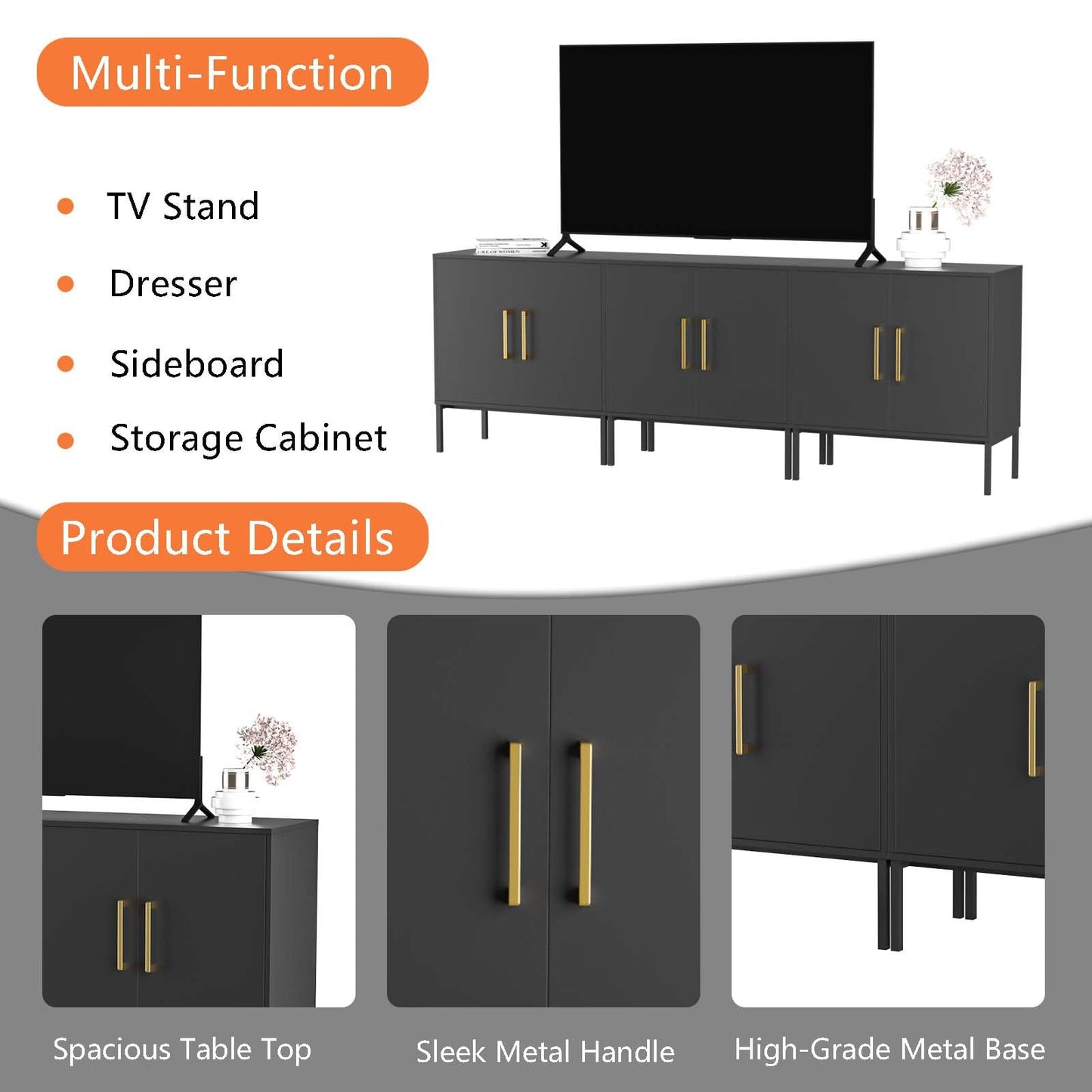 LYNSOM TV Stand for 85 Inch TV, Media Entertainment Center Console Table, 3 Cabinets, TV Console Table with Storage Cabinet for Bedroom, Living Room, Entertainment Room (Black)