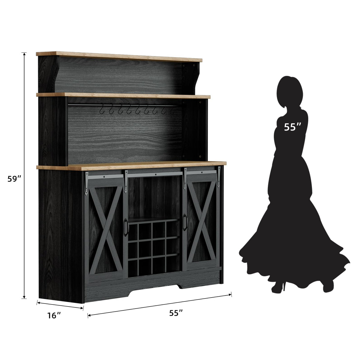 BestHaped 55'' Farmhouse Coffee Bar Cabinet with 3 Tier Storage Hutch, Coffee Bar Station with Sliding Barn Door, Hutch Storage Cabinet with 12 Wine Racks & 9 Hooks for Kitchen Dining Living Room BestHaped
