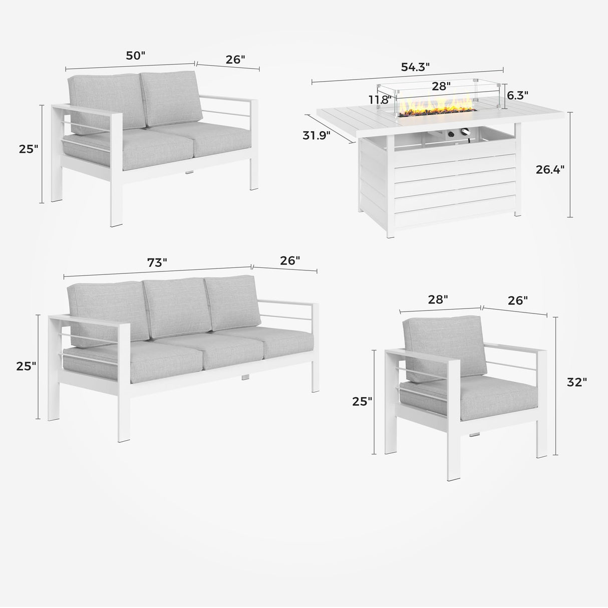 Solaste Aluminum Patio Furniture Set with Fire Pit Table, 5 Piece Metal Outdoor Furniture with Water-Resistant Cushions, Modern Patio Conversation Set for Balcony, Front Porch, and Backyard Solaste