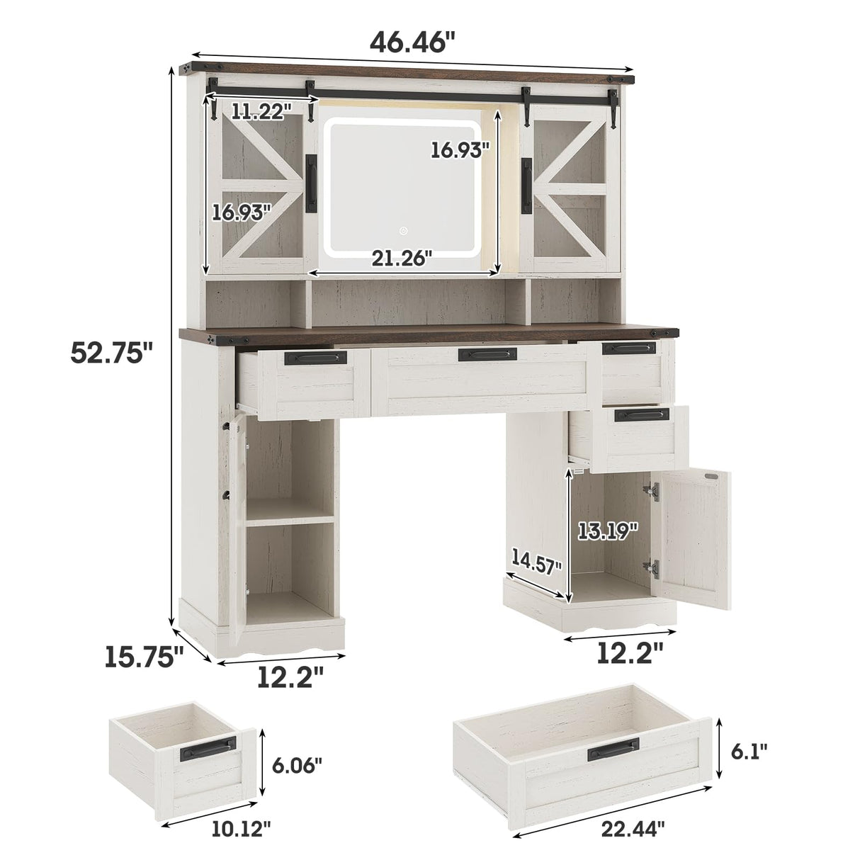 Vabches Farmhouse Makeup Vanity with Sliding Cabinets, White Vanity Desk with Lights Mirror and Power Outlet, Rustic Dressing Table with 4 Drawers&2 Storage Cabinets for Bedroom Vabches