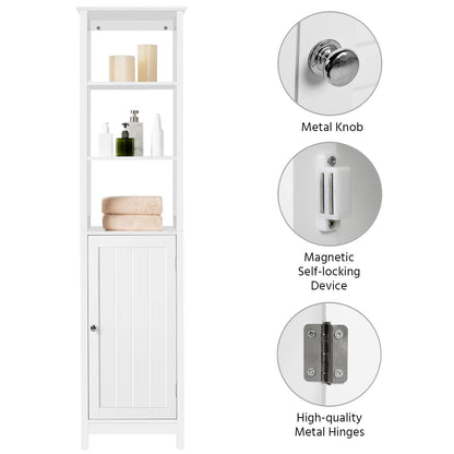 Yaheetech Bathroom Floor Cabinet, Wooden Tall Freestanding Cabinet with 3 Tier Shelves and Door Organizer, Elegant Linen Tower Rack Stand for Living Room, 63 in Height, White