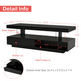 Modern LED Coffee Table with Storage, High Gloss Cocktail Center Table with Drawers, Display Shelves & LED Lights for Living Room, 51.2’’, Black Amposei