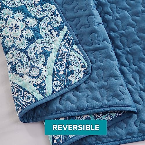 Comfort Spaces Reversible Quilt Set-Vermicelli Stitching Design All Season, Lightweight, Coverlet Bedspread Bedding, Matching Shams, Twin/Twin XL (66 in x 90 in), Gloria Damask Aqua 2 Piece Comfort Spaces