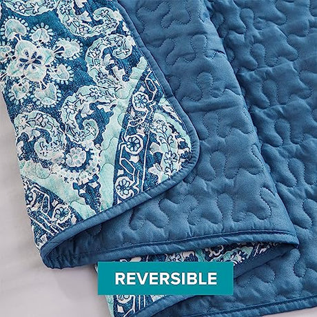 Comfort Spaces Reversible Quilt Set-Vermicelli Stitching Design All Season, Lightweight, Coverlet Bedspread Bedding, Matching Shams, Twin/Twin XL (66 in x 90 in), Gloria Damask Aqua 2 Piece Comfort Spaces