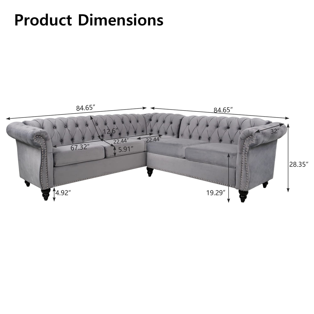 QHITTY L-Shaped Sofa, Sectional Chesterfield Couch 5-Seater Velvet Upholstered Small Accent Tufted Sofa with Rolled Armrest and Nailhead Design for Living Room, Apartment, Office (Grey) QHITTY