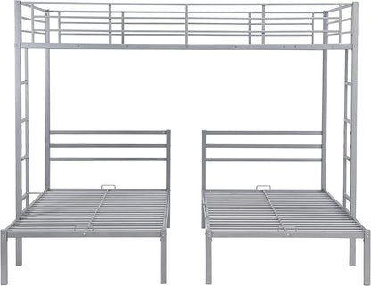 Harper & Bright Designs Metal Triple Bunk Beds Full Over Twin & Twin Bunk Bed with Upper Built-in Shelf, 3 Bed Bunk Beds with 2 Ladders for Kids, Teens, Adults, Silver