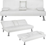 Futon Sofa Bed Modern Folding Couch for Small Space, Faux Leather Convertible Loveseat Sleeper Bed Daybed Recliner Lounge Sofas for Living Room,2 Cup Holders,Metal Legs,Removable Armrests (White) Anwick