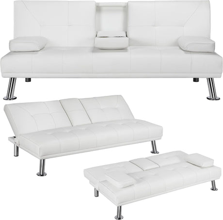 Futon Sofa Bed Modern Folding Couch for Small Space, Faux Leather Convertible Loveseat Sleeper Bed Daybed Recliner Lounge Sofas for Living Room,2 Cup Holders,Metal Legs,Removable Armrests (White) Anwick