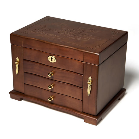FEECOZ Wooden Jewelry Box for Women, Solid Wood Jewelry Organizer with Mirror and 3-Drawer, Ring,Necklacel,Vintage Style Storage Box with Lock (Dark Brown(lotus pattern) FEECOZ
