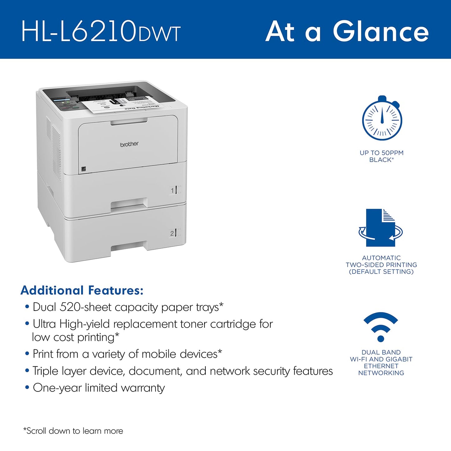 Brother HL-L6210DWT Business Monochrome Laser Printer with Dual Paper Trays, Wireless Networking, and Duplex Printing, White