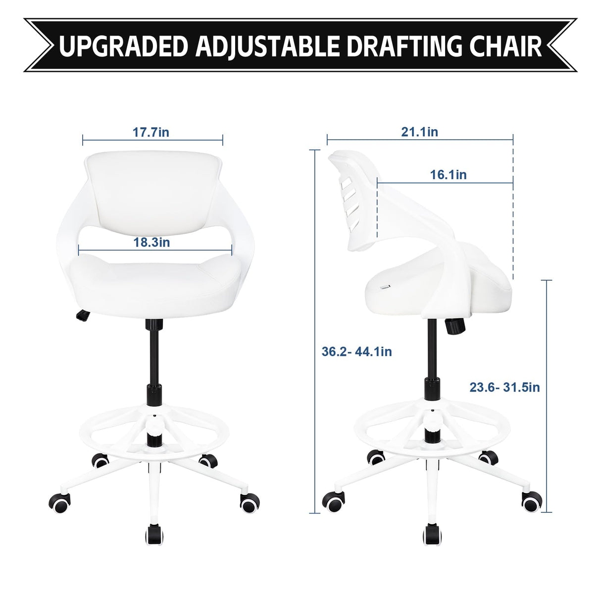 BOJUZIJA Ergonomic Drafting Chair,Standing Computer Desk Chair,Foot Ring,Lumbar Support,Swivel Task Chair - White BOJUZIJA