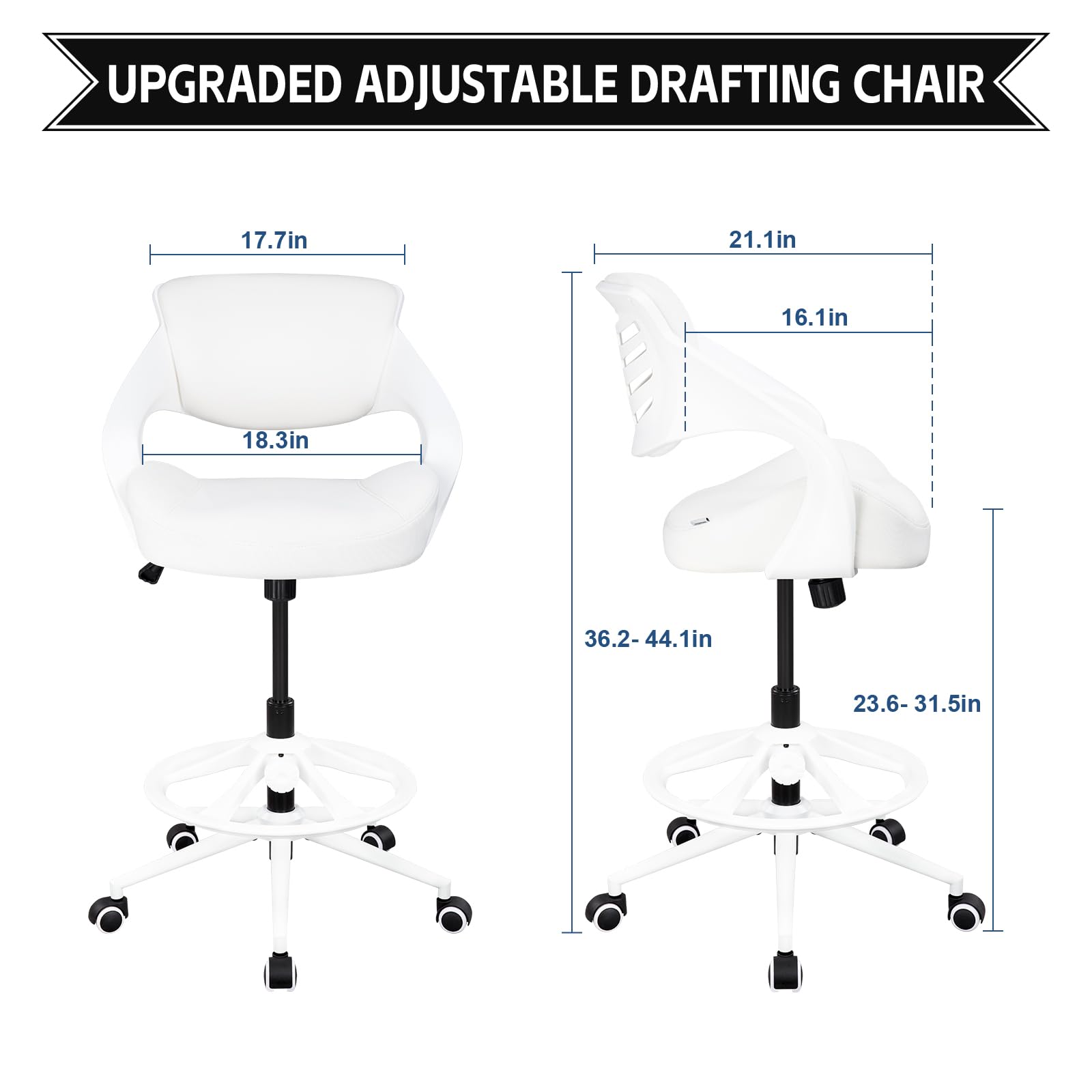 BOJUZIJA Ergonomic Drafting Chair,Standing Computer Desk Chair,Foot Ring,Lumbar Support,Swivel Task Chair - White - WoodArtSupply