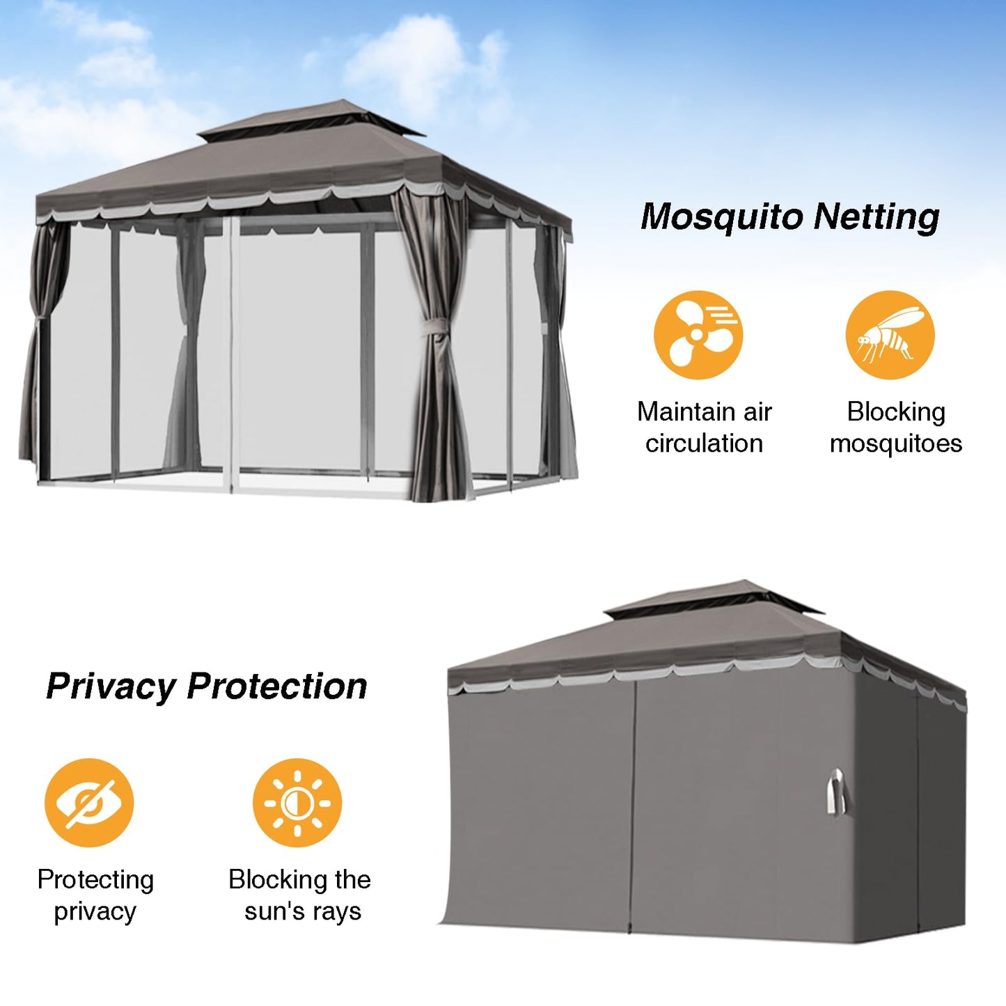 10'×13' Outdoor Gazebo, Patio Gazebo Canopy Tent Heavy Duty with Double Roofs, Gazebo Tent Canopy with Mosquito Netting and Privacy Screen Curtains for Deck Backyard Lawn and Garden (Grey)