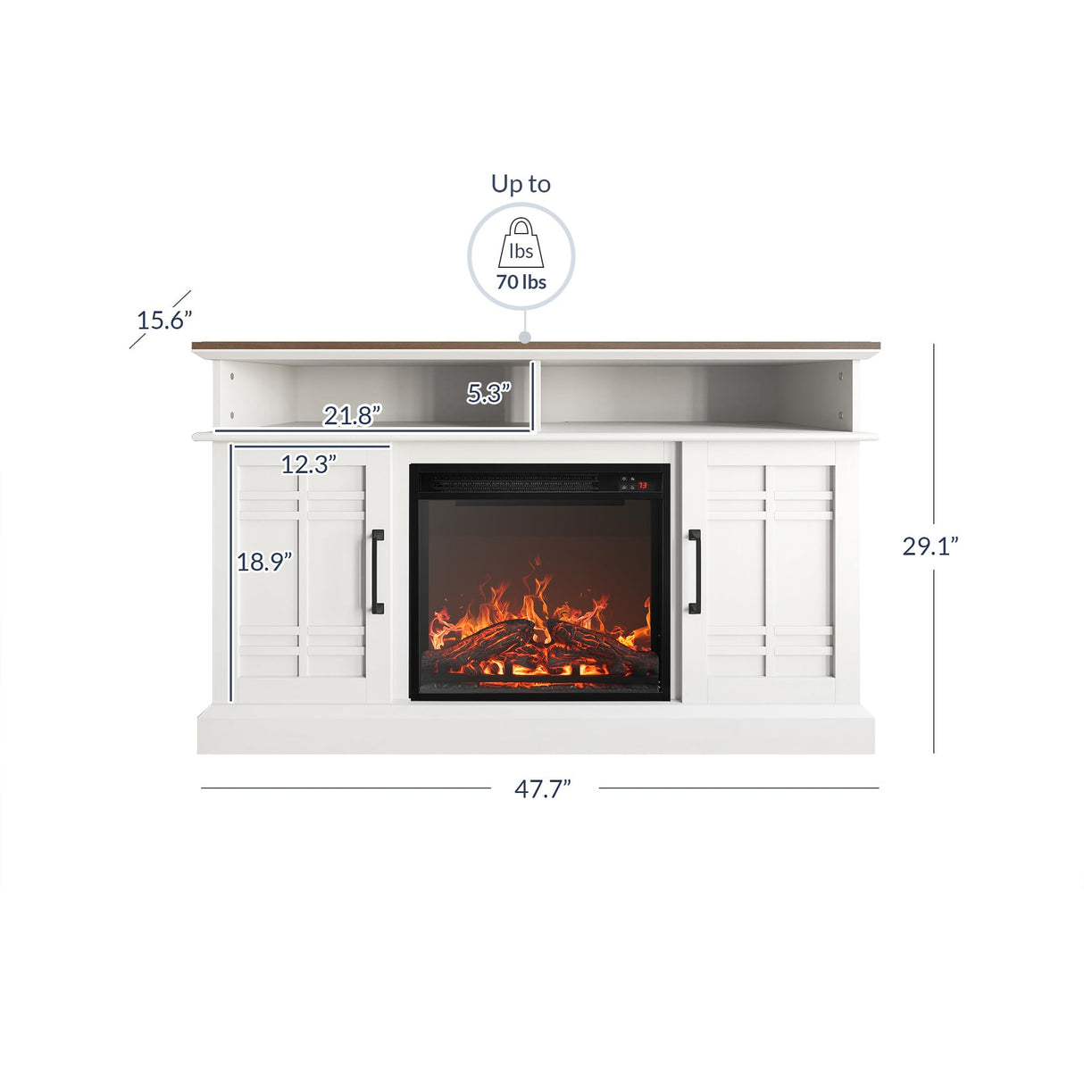 BELLEZE 48" TV Stand with 18" Electric Fireplace Heater, Modern TV Stand for TVs up to 50", Entertainment Media Stand with Open Shelves and Storage Cabinets for Living Room, Bedroom (White) BELLEZE