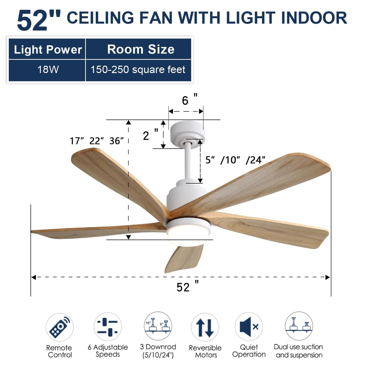 POPFAN 52 Inch Modern Ceiling Fan With Dimmable LED Light 5 Solid Wood Blades Smart Remote Control Reversible DC Motor for Bedroom, Living Room, White (White & Woodgrain) POPFAN