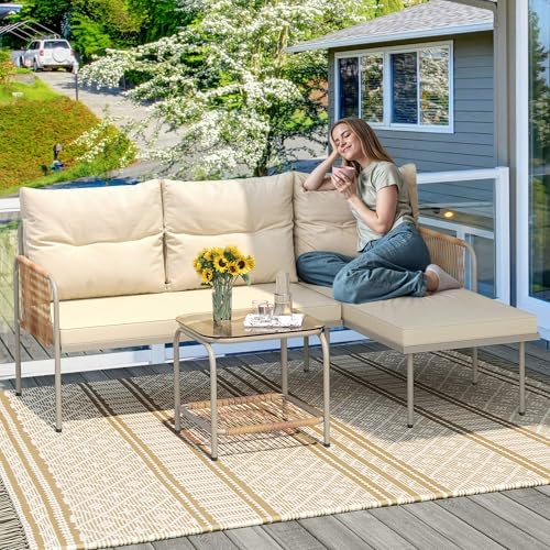 YITAHOME Patio Furniture Set, 3 Pieces Outdoor Wicker Conversation Set, All-Weather Rattan Sectional L-Shaped Sofa Detachable Lounger with Cushions and Coffee Table for Backyard, Porch, Boho  - WoodArtSupply