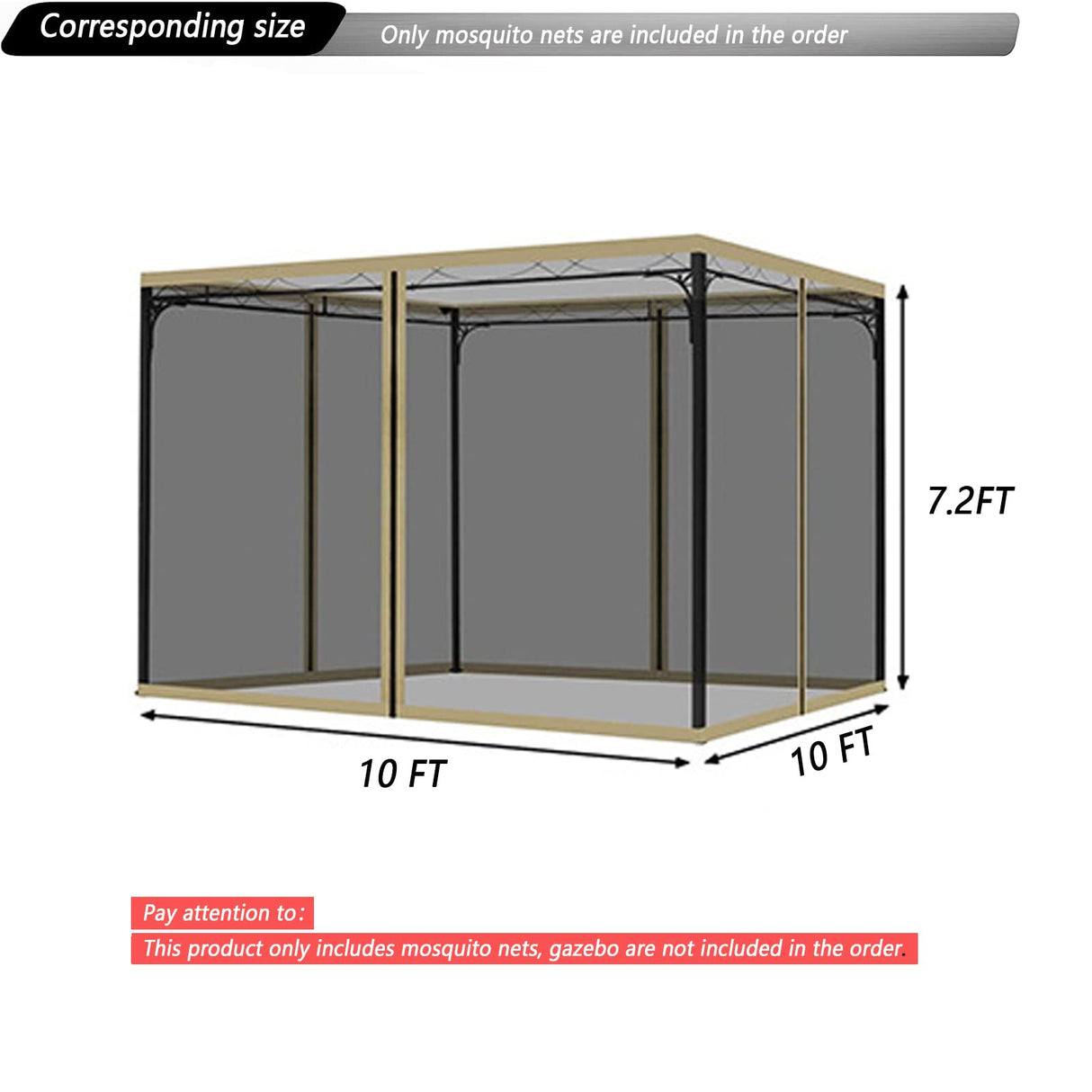 Mosquito Netting for Gazebo Canopy, Replacement Screen Walls Netting with Slip Rings, 4-Door Zipper, Easy to Install Black (Net Only) (10x10FT) Tiimmgaal