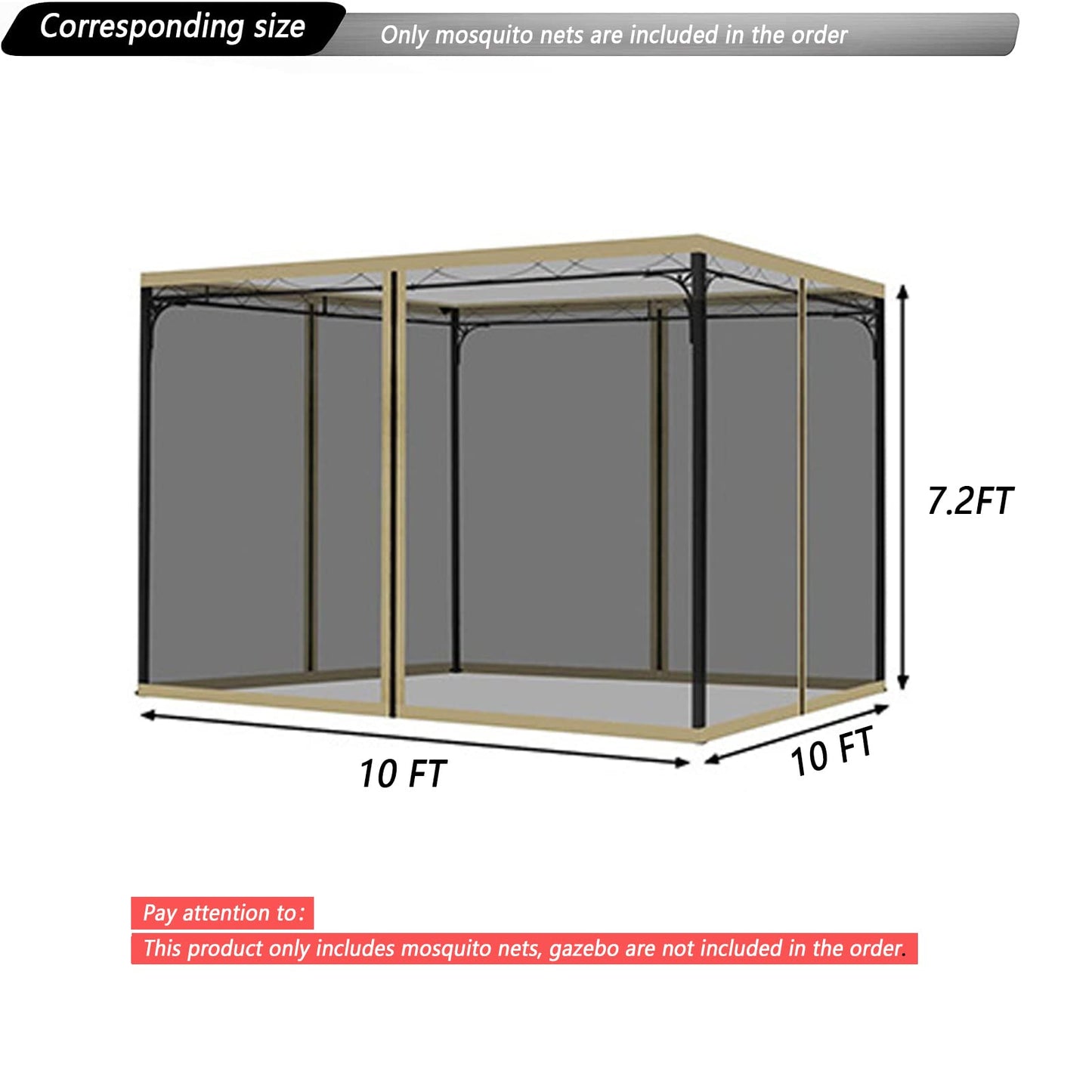 Mosquito Netting for Gazebo Canopy, Replacement Screen Walls Netting with Slip Rings, 4-Door Zipper, Easy to Install Black (Net Only) (10x10FT)