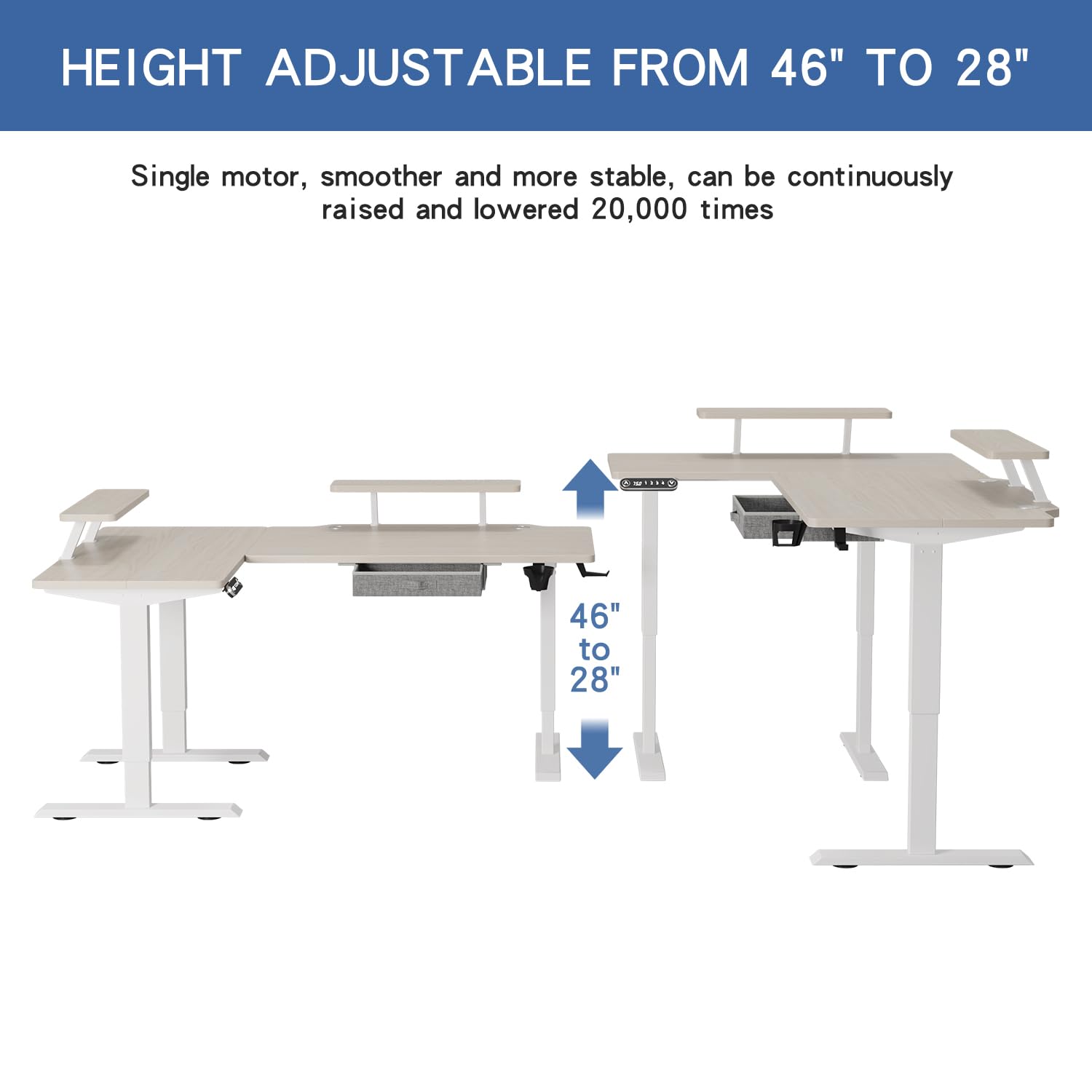 bilbil L Shaped Electric Standing Desk with Drawer, 62x47 Inches Adjustable Height Sit Stand Up Desk with Storage Shelf, Pale Pearwood Top/White Frame - WoodArtSupply