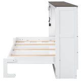SOFTSEA Twin Size Murphy Bed with LED Light, 2 in 1 Murphy Bed Cabinet, Wooden Wall Bed Cabinet for Small Spaces, No Box Spring Needed, White+Brown SOFTSEA