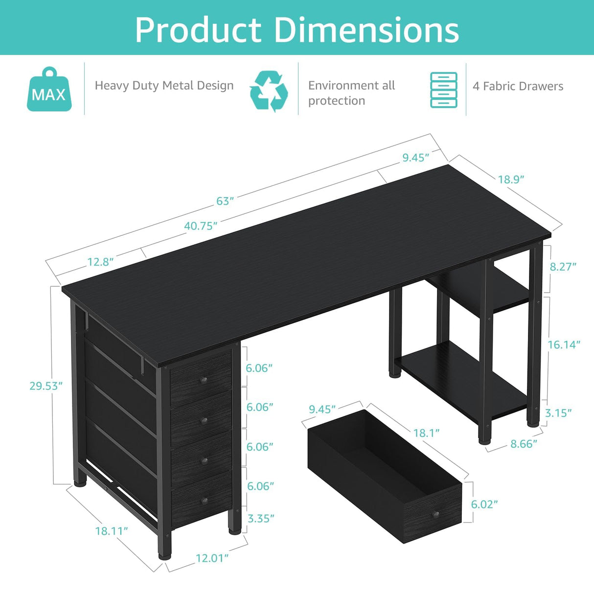 Lufeiya Gaming Desk with 4 Fabric Drawers & Storage Shelves, 63 inch Computer Writing Work Study Desk for Home Office Bedroom, Modern Simple Student PC Desks Table, Black Lufeiya