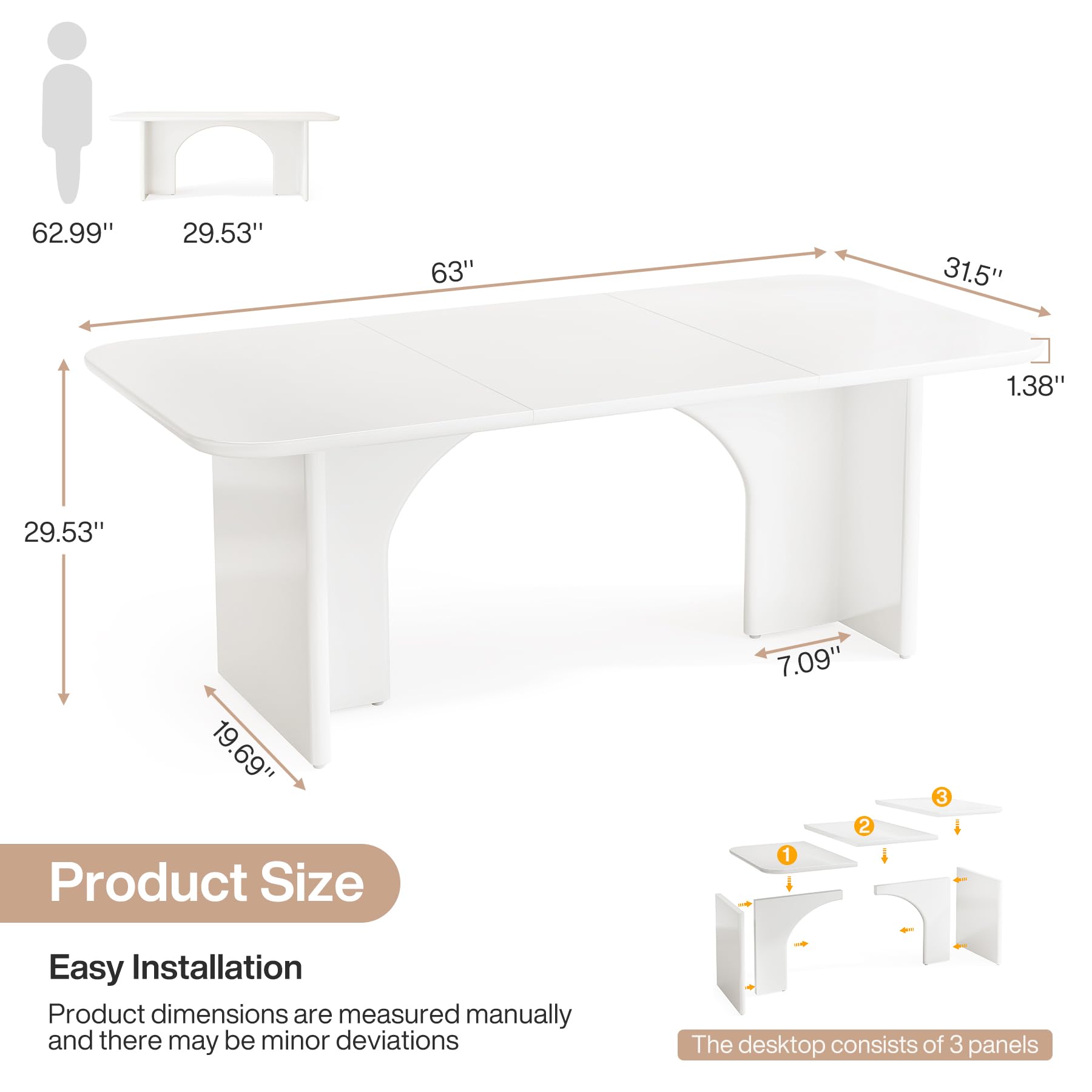 Tribesigns 62.99" Large Desk, Modern Home Office Computer Desk for 1-2 Person, Minimalist Double PC Writing Table Study Desk Executive Desk with Arch Design Legs, Cream White - WoodArtSupply